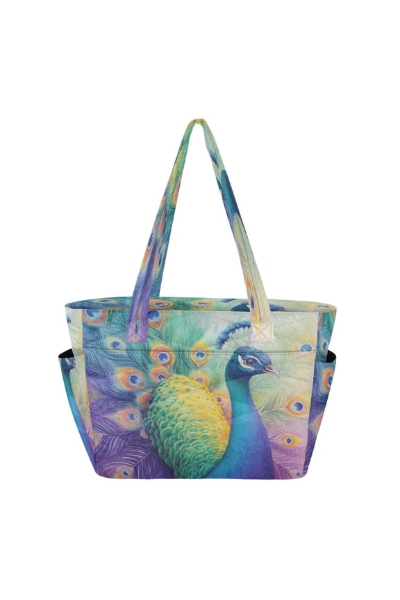 Quilted Tote Bag Large Capacity Multi-Compartment Handbag Lightweight Structured Shoulder Bag Versatile Casual Bag Colorful Peacock Pattern