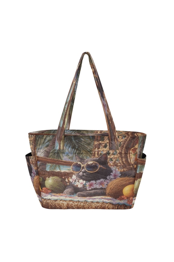 Quilted Tote Bag Large Capacity Multi-Compartment Handbag Lightweight Structured Shoulder Bag Versatile Casual Bag Cool Black Cat on Vacation