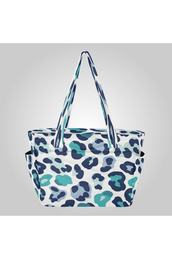 Quilted Tote Bag Large Capacity Multi-Compartment Handbag Lightweight Structured Shoulder Bag Versatile Casual Bag Cool Tone Blue Cheetah Pattern