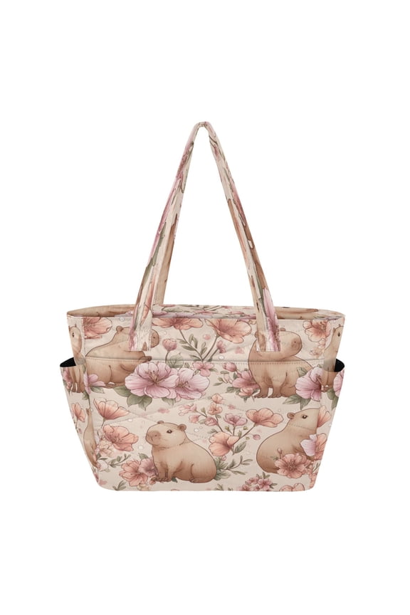Quilted Tote Bag Large Capacity Multi-Compartment Handbag Lightweight Structured Shoulder Bag Versatile Casual Bag Cute Capybaras with Playful Poses