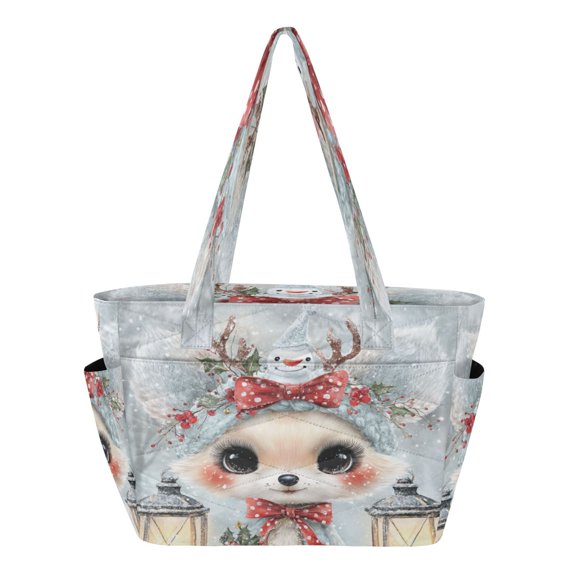 Quilted Tote Bag Large Capacity Multi-Compartment Handbag Lightweight Structured Shoulder Bag Versatile Casual Bag Cute Kawaii Fox Pattern