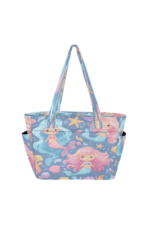 Quilted Tote Bag Large Capacity Multi-Compartment Handbag Lightweight Structured Shoulder Bag Versatile Casual Bag Cute Little Mermaids