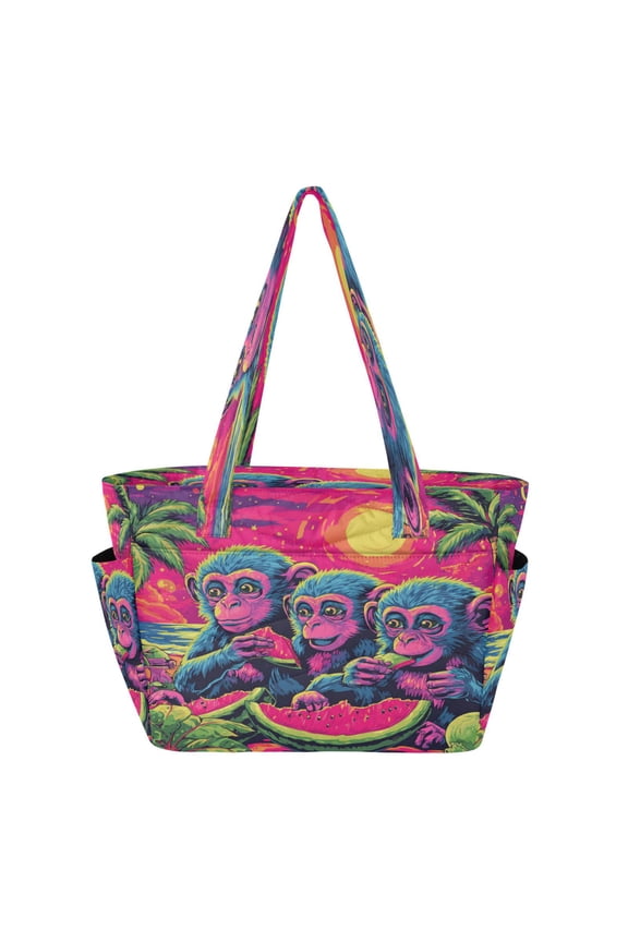 Quilted Tote Bag Large Capacity Multi-Compartment Handbag Lightweight Structured Shoulder Bag Versatile Casual Bag Cute Monkeys Eating Watermelon