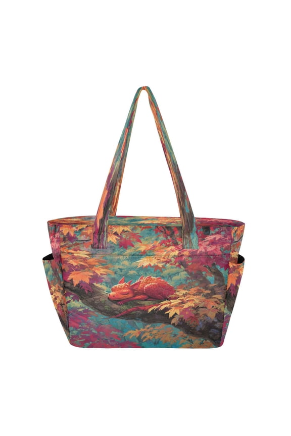 Quilted Tote Bag Large Capacity Multi-Compartment Handbag Lightweight Structured Shoulder Bag Versatile Casual Bag Cute Red Dragon at Rest