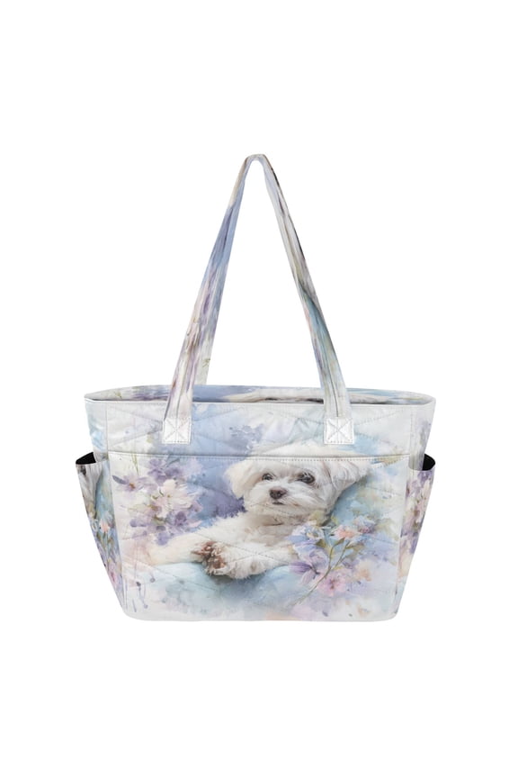 Quilted Tote Bag Large Capacity Multi-Compartment Handbag Lightweight Structured Shoulder Bag Versatile Casual Bag Cute White Maltese Dog