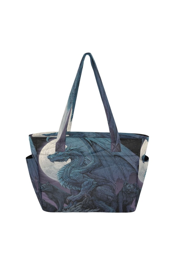 Quilted Tote Bag Large Capacity Multi-Compartment Handbag Lightweight Structured Shoulder Bag Versatile Casual Bag Cyan Dragons and Wolves
