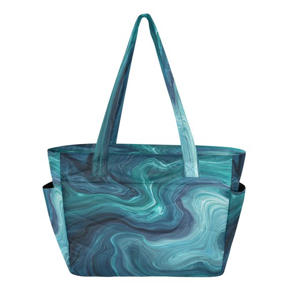 Quilted Tote Bag Large Capacity Multi-Compartment Handbag Lightweight Structured Shoulder Bag Versatile Casual Bag Dark Blue Ocean Waves
