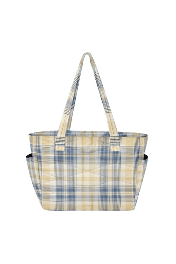 Quilted Tote Bag Large Capacity Multi-Compartment Handbag Lightweight Structured Shoulder Bag Versatile Casual Bag Deep Blue and Yellow Tartan