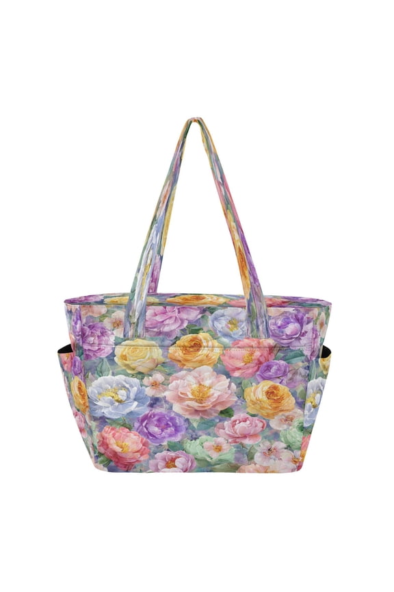 Quilted Tote Bag Large Capacity Multi-Compartment Handbag Lightweight Structured Shoulder Bag Versatile Casual Bag Detailed Roses and Peonies
