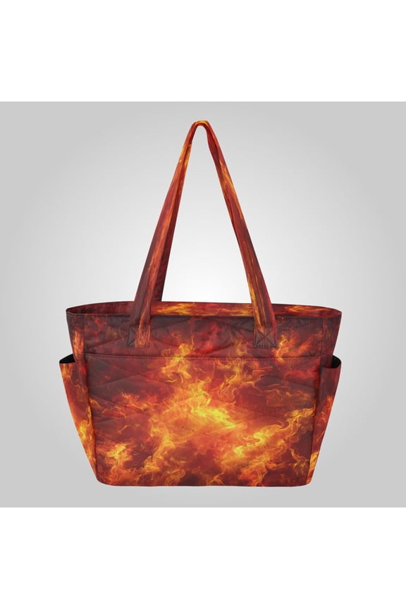 Quilted Tote Bag Large Capacity Multi-Compartment Handbag Lightweight Structured Shoulder Bag Versatile Casual Bag Dynamic Fire Flame Pattern