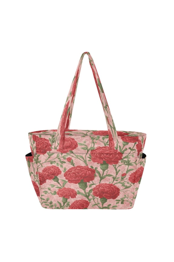 Quilted Tote Bag Large Capacity Multi-Compartment Handbag Lightweight Structured Shoulder Bag Versatile Casual Bag Elegant Red Carnation Pattern