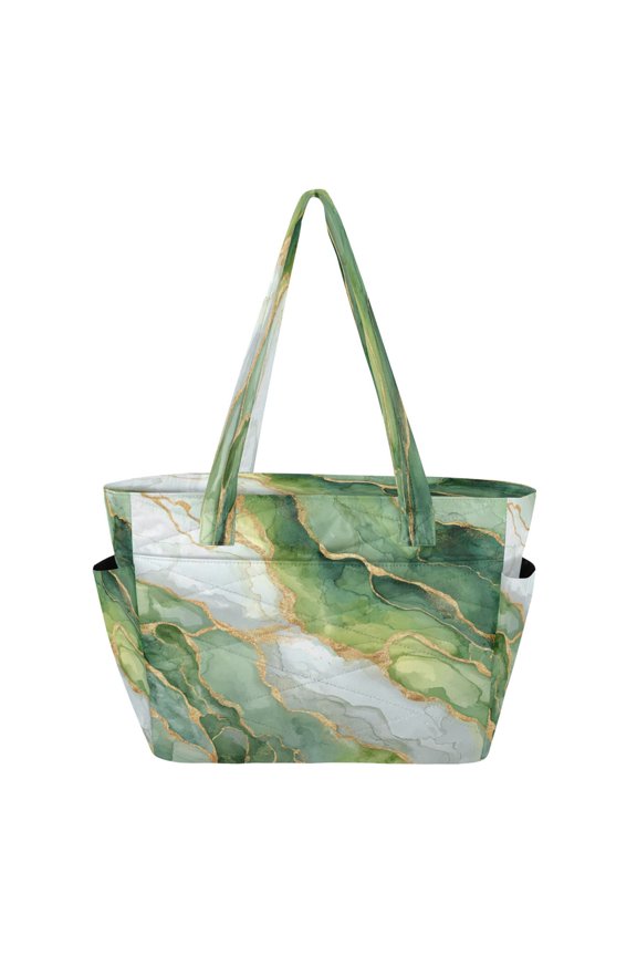 Quilted Tote Bag Large Capacity Multi-Compartment Handbag Lightweight Structured Shoulder Bag Versatile Casual Bag Fresh Golden-green Marble