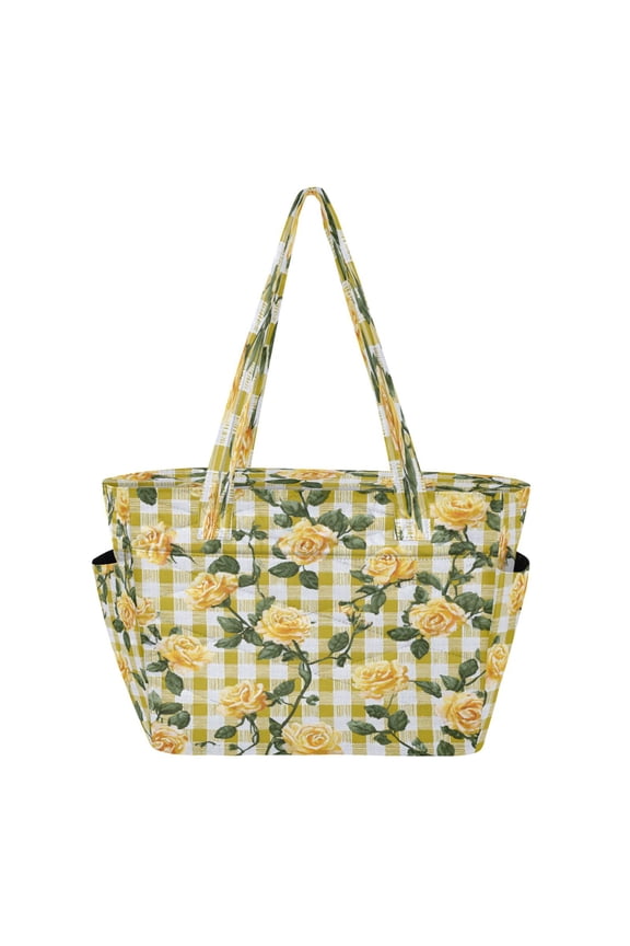 Quilted Tote Bag Large Capacity Multi-Compartment Handbag Lightweight Structured Shoulder Bag Versatile Casual Bag Gingham Pattern Yellow Roses