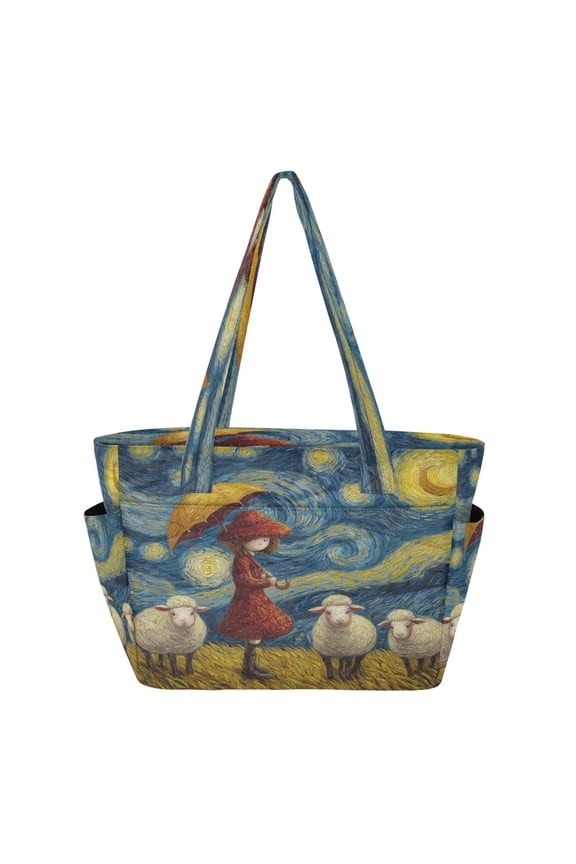 Quilted Tote Bag Large Capacity Multi-Compartment Handbag Lightweight Structured Shoulder Bag Versatile Casual Bag Girl and The Sheeps