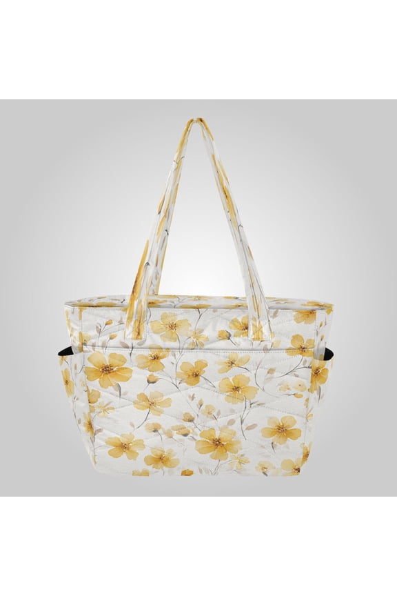 Quilted Tote Bag Large Capacity Multi-Compartment Handbag Lightweight Structured Shoulder Bag Versatile Casual Bag Golden Meadow Floral