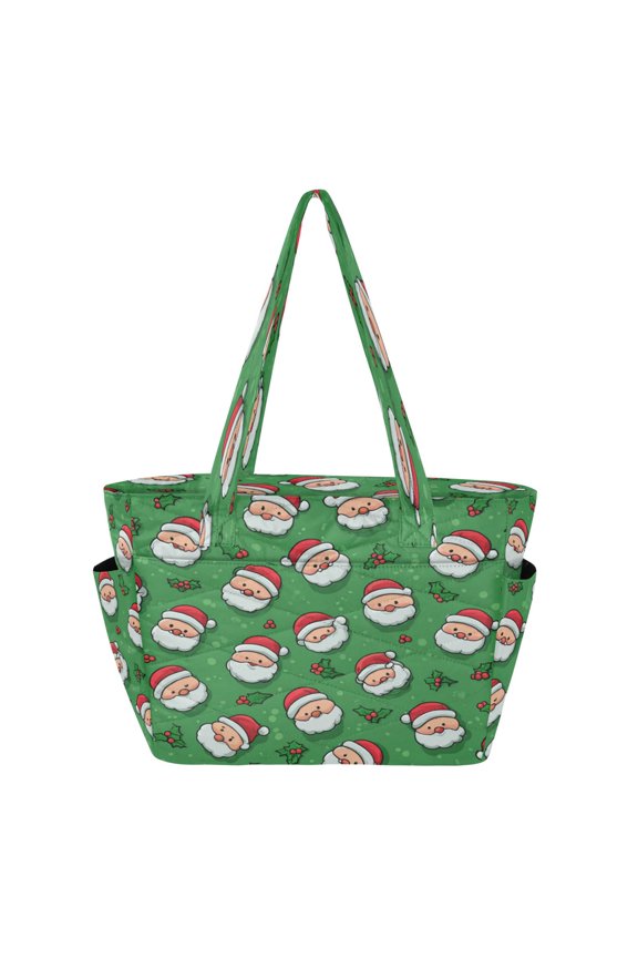 Quilted Tote Bag Large Capacity Multi-Compartment Handbag Lightweight Structured Shoulder Bag Versatile Casual Bag Green Pattern Of Cartoon Faces