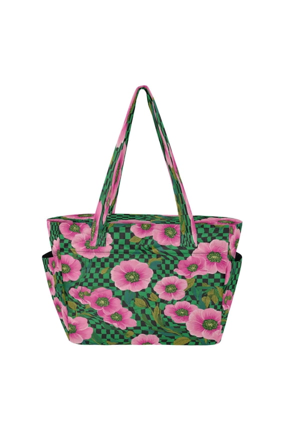 Quilted Tote Bag Large Capacity Multi-Compartment Handbag Lightweight Structured Shoulder Bag Versatile Casual Bag Groovy Green and Pink Flowers
