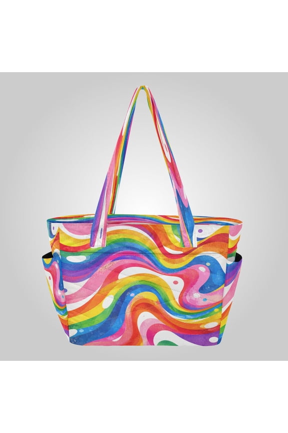 Quilted Tote Bag Large Capacity Multi-Compartment Handbag Lightweight Structured Shoulder Bag Versatile Casual Bag Groovy Rainbow Swirl Pattern