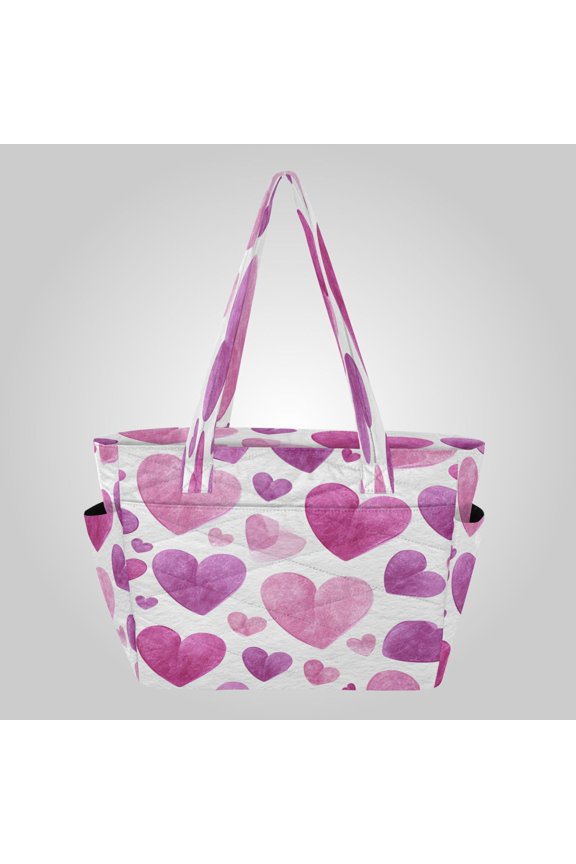 Quilted Tote Bag Large Capacity Multi-Compartment Handbag Lightweight Structured Shoulder Bag Versatile Casual Bag Hand-painted Love Print
