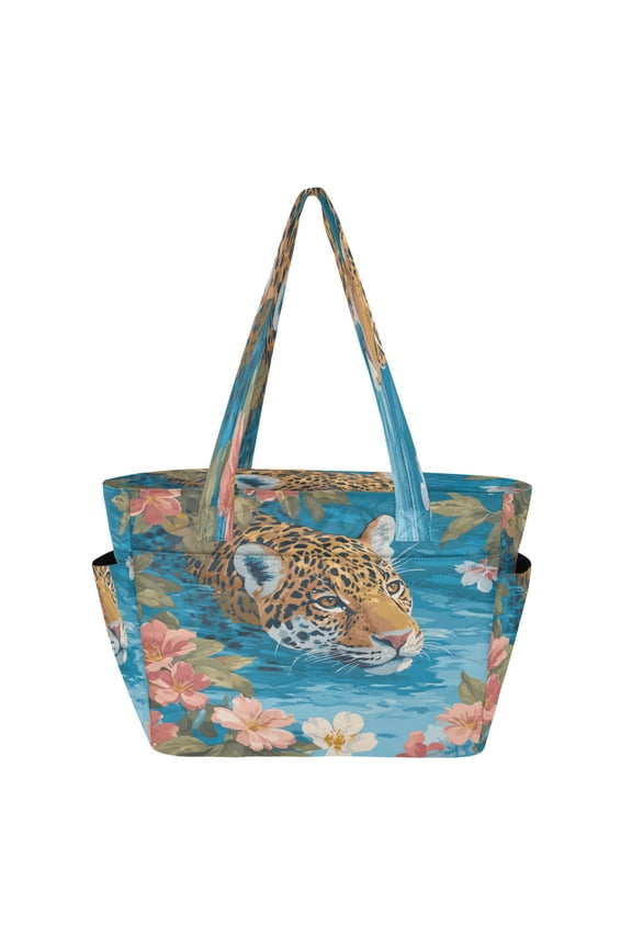 Quilted Tote Bag Large Capacity Multi-Compartment Handbag Lightweight Structured Shoulder Bag Versatile Casual Bag Jaguar Swimming Pattern