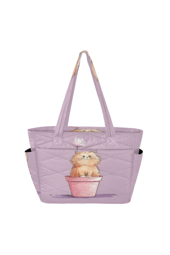 Quilted Tote Bag Large Capacity Multi-Compartment Handbag Lightweight Structured Shoulder Bag Versatile Casual Bag Kitten in A Pot