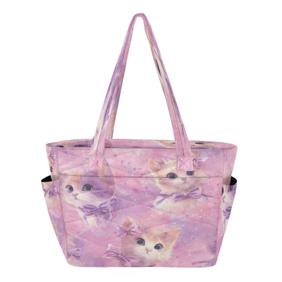 Quilted Tote Bag Large Capacity Multi-Compartment Handbag Lightweight Structured Shoulder Bag Versatile Casual Bag Kittens with Bows Pattern