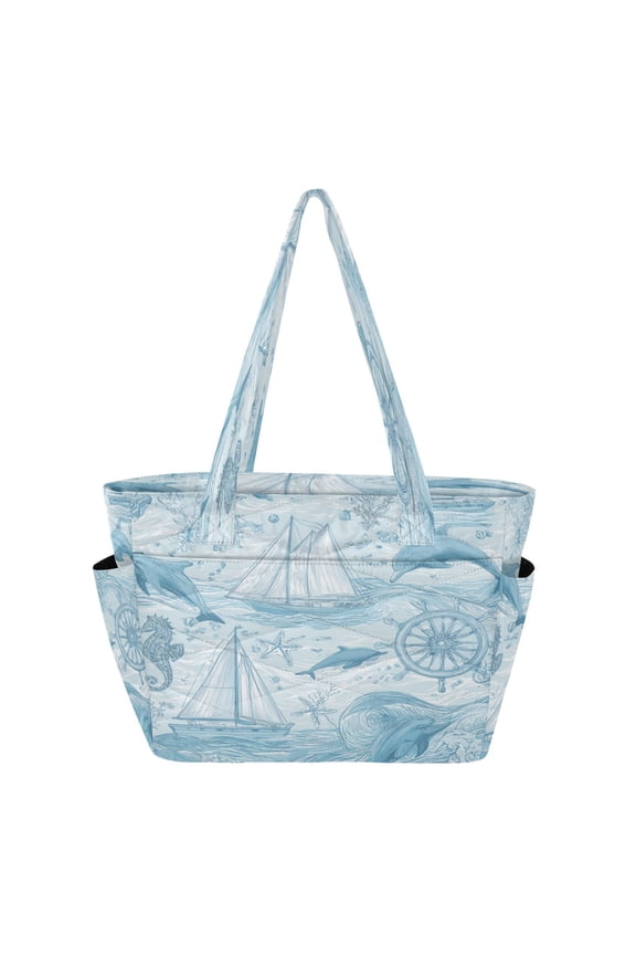 Quilted Tote Bag Large Capacity Multi-Compartment Handbag Lightweight Structured Shoulder Bag Versatile Casual Bag Light Blue Dolphins Nautical Pattern