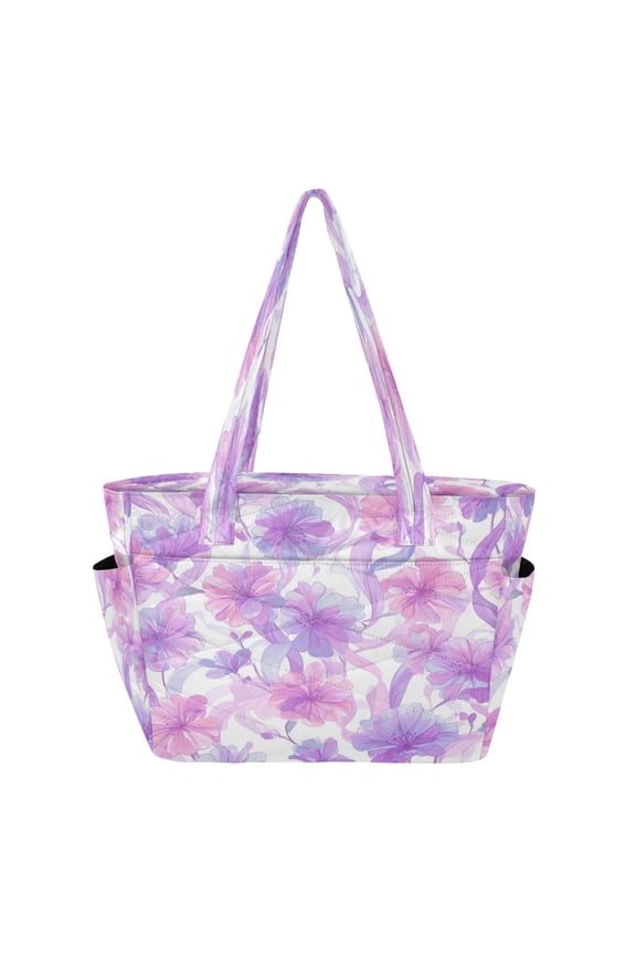 Quilted Tote Bag Large Capacity Multi-Compartment Handbag Lightweight Structured Shoulder Bag Versatile Casual Bag Light Pink Peach Blossoms