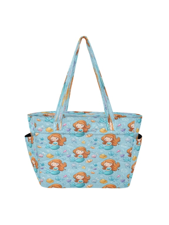 Quilted Tote Bag Large Capacity Multi-Compartment Handbag Lightweight Structured Shoulder Bag Versatile Casual Bag Little Mermaids and Seashells