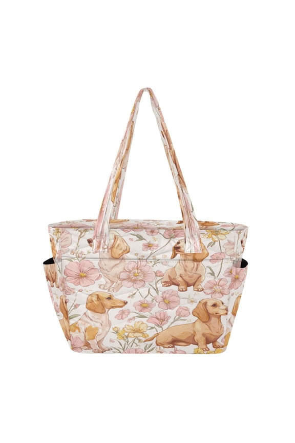 Quilted Tote Bag Large Capacity Multi-Compartment Handbag Lightweight Structured Shoulder Bag Versatile Casual Bag Lovely Cartoon Dachshund Dogs