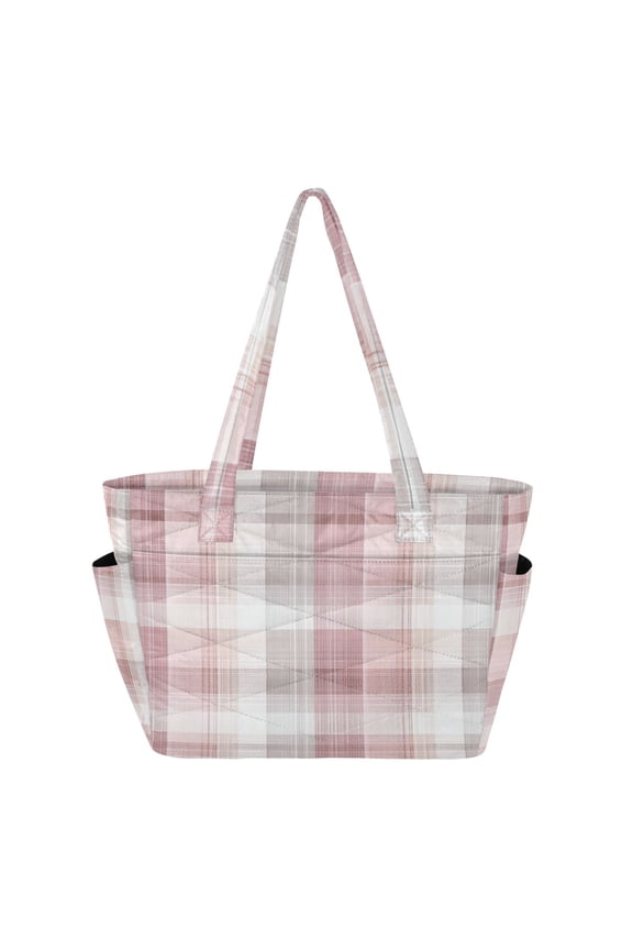 Quilted Tote Bag Large Capacity Multi-Compartment Handbag Lightweight Structured Shoulder Bag Versatile Casual Bag Magenta Checkered Pattern
