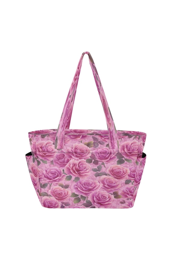 Quilted Tote Bag Large Capacity Multi-Compartment Handbag Lightweight Structured Shoulder Bag Versatile Casual Bag Magenta-red Roses Pattern