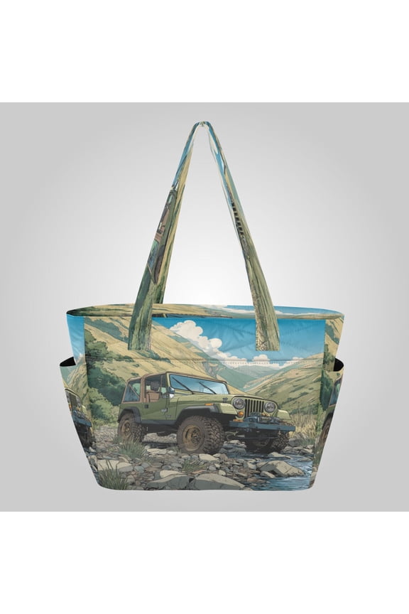 Quilted Tote Bag Large Capacity Multi-Compartment Handbag Lightweight Structured Shoulder Bag Versatile Casual Bag Mountain Stream Jeep Adventure