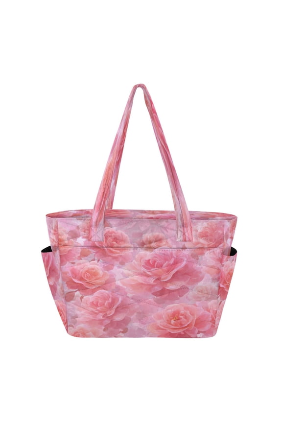 Quilted Tote Bag Large Capacity Multi-Compartment Handbag Lightweight Structured Shoulder Bag Versatile Casual Bag Pale Pink Roses Pattern