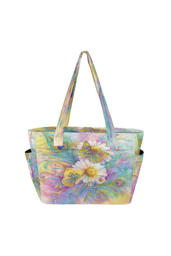 Quilted Tote Bag Large Capacity Multi-Compartment Handbag Lightweight Structured Shoulder Bag Versatile Casual Bag Peacock Feathers Art Pattern