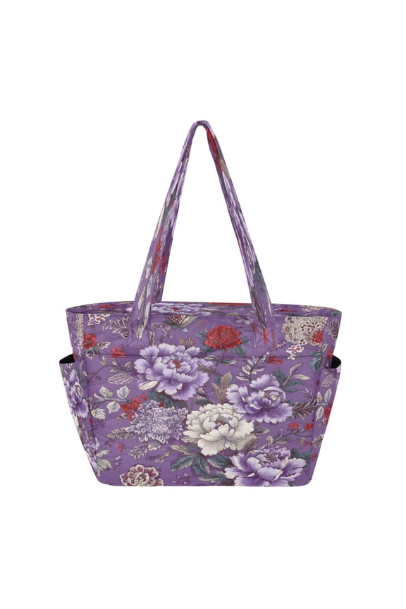 Quilted Tote Bag Large Capacity Multi-Compartment Handbag Lightweight Structured Shoulder Bag Versatile Casual Bag Peonies on Dark Purple Background