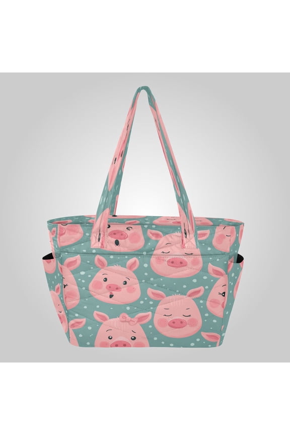 Quilted Tote Bag Large Capacity Multi-Compartment Handbag Lightweight Structured Shoulder Bag Versatile Casual Bag Piggy Moods Pattern
