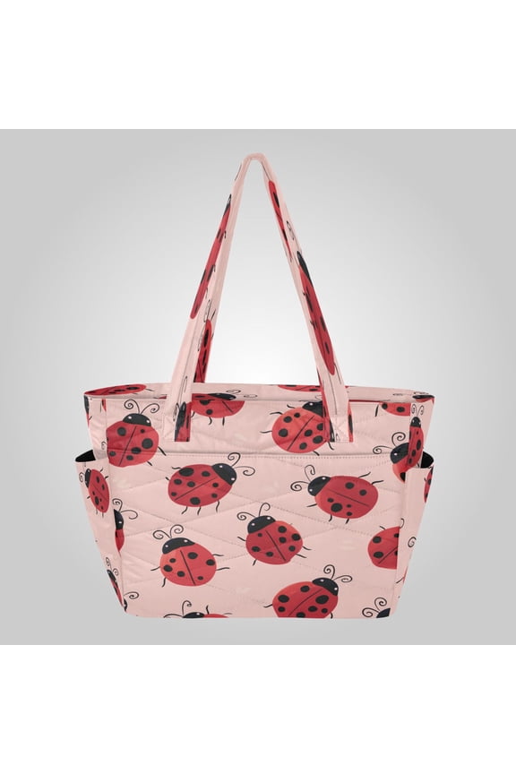Quilted Tote Bag Large Capacity Multi-Compartment Handbag Lightweight Structured Shoulder Bag Versatile Casual Bag Pink Ladybug Print