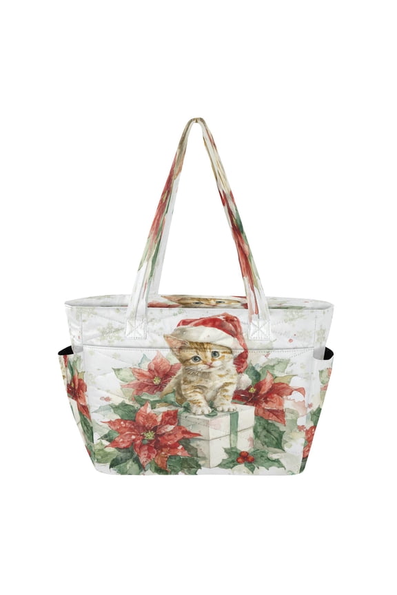 Quilted Tote Bag Large Capacity Multi-Compartment Handbag Lightweight Structured Shoulder Bag Versatile Casual Bag Poinsettia Flowers and Christmas Kitten