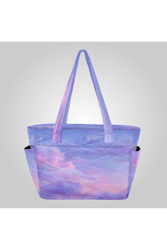 Quilted Tote Bag Large Capacity Multi-Compartment Handbag Lightweight Structured Shoulder Bag Versatile Casual Bag Purple Pink Twilight Galaxy