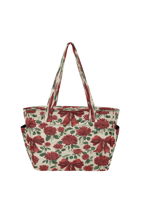 Quilted Tote Bag Large Capacity Multi-Compartment Handbag Lightweight Structured Shoulder Bag Versatile Casual Bag Red Christmas Bows and Floral
