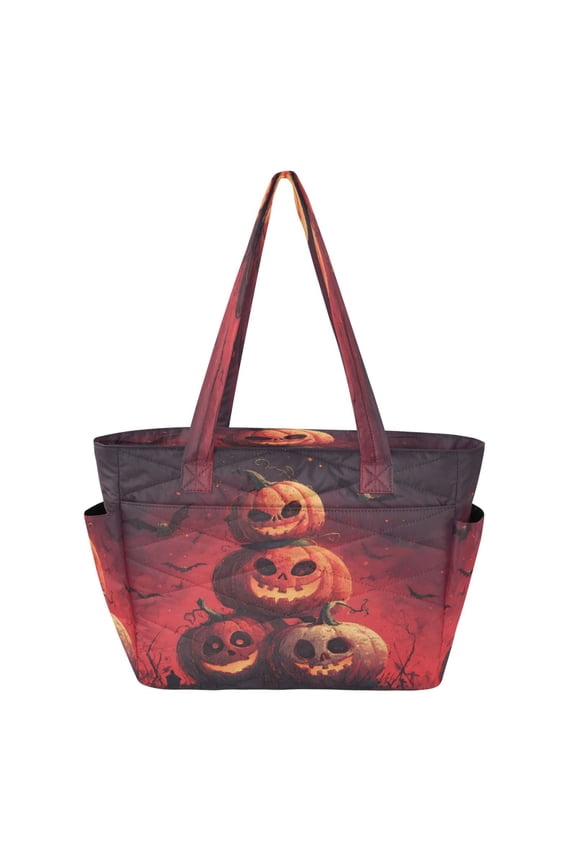 Quilted Tote Bag Large Capacity Multi-Compartment Handbag Lightweight Structured Shoulder Bag Versatile Casual Bag Red Evil Pumpkins