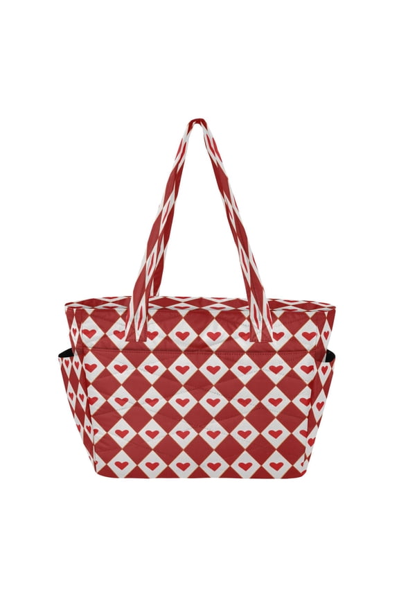 Quilted Tote Bag Large Capacity Multi-Compartment Handbag Lightweight Structured Shoulder Bag Versatile Casual Bag Red Hearts and Diamonds