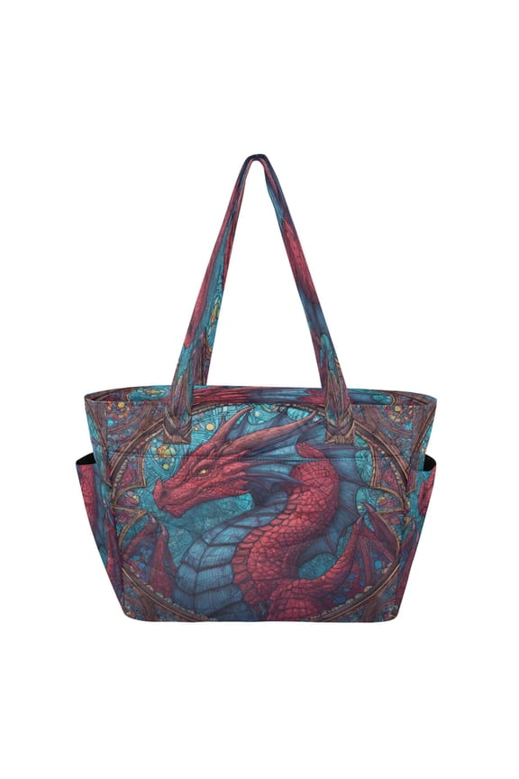 Quilted Tote Bag Large Capacity Multi-Compartment Handbag Lightweight Structured Shoulder Bag Versatile Casual Bag Red Magical Dragon King