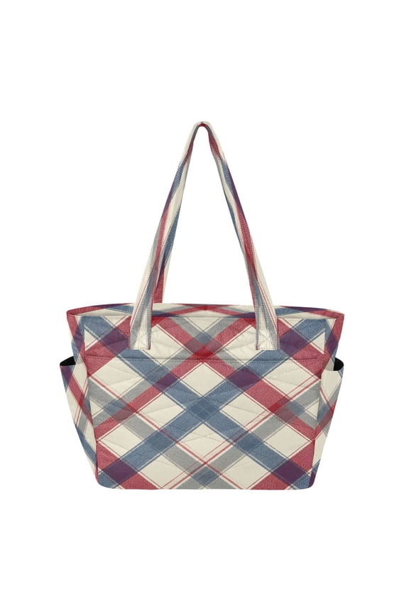Quilted Tote Bag Large Capacity Multi-Compartment Handbag Lightweight Structured Shoulder Bag Versatile Casual Bag Red-blue Diagonal Lines