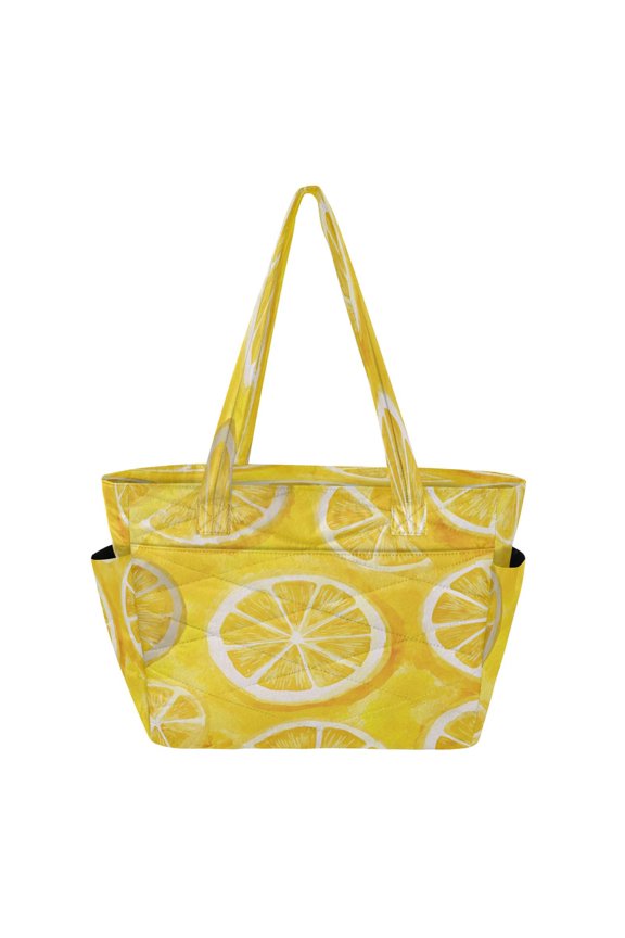 Quilted Tote Bag Large Capacity Multi-Compartment Handbag Lightweight Structured Shoulder Bag Versatile Casual Bag Retro Lemon Slice Pattern