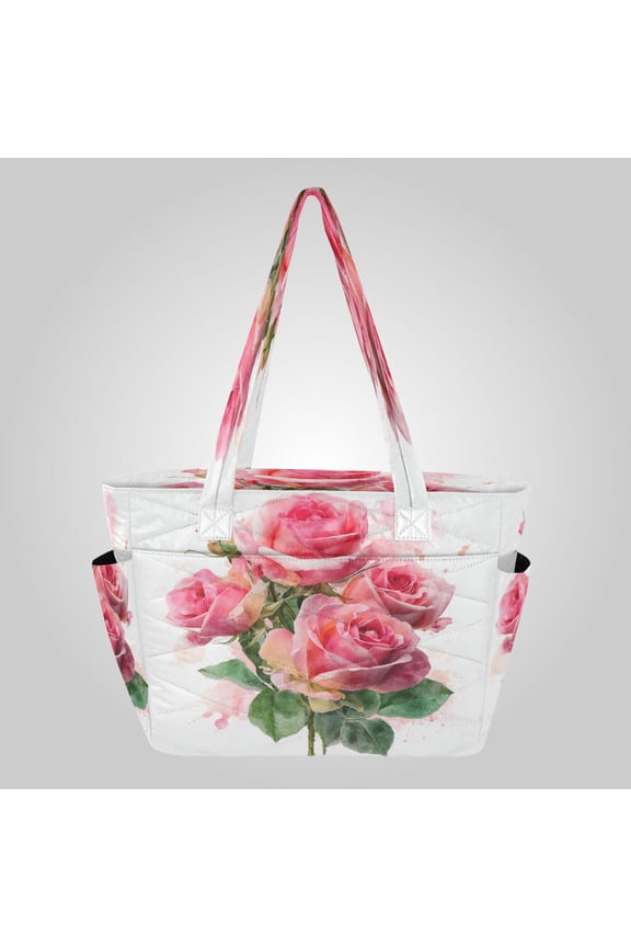 Quilted Tote Bag Large Capacity Multi-Compartment Handbag Lightweight Structured Shoulder Bag Versatile Casual Bag Romantic Roses
