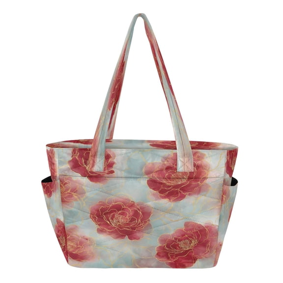 Quilted Tote Bag Large Capacity Multi-Compartment Handbag Lightweight Structured Shoulder Bag Versatile Casual Bag Rose Petals with Gold Outline