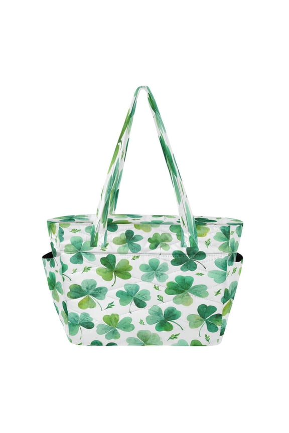 Quilted Tote Bag Large Capacity Multi-Compartment Handbag Lightweight Structured Shoulder Bag Versatile Casual Bag Shamrocks and Clovers Pattern