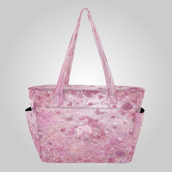 Quilted Tote Bag Large Capacity Multi-Compartment Handbag Lightweight Structured Shoulder Bag Versatile Casual Bag Sleepy Unicorn Pink Rose Glow